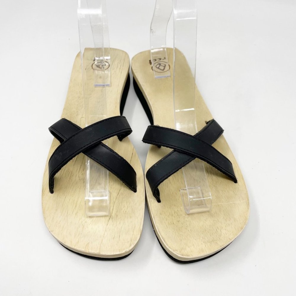 Reef Womens Black Leather Strap Wood Sole Slip on Sandal  Size 9